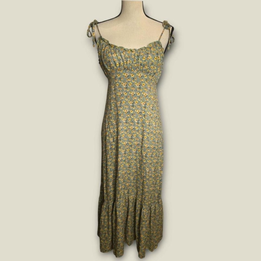 Audrey 3+1 green floral maxi dress with adjustable spaghetti straps, tie-up deta